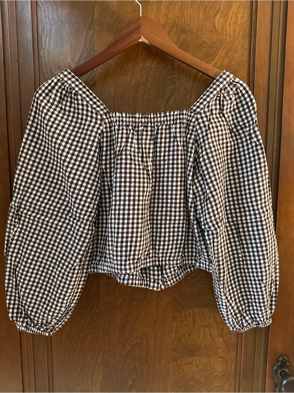 Madewell Puff-Sleeve Button-Front Crop Top in Plaid (Chocolate Raisin) - Small
